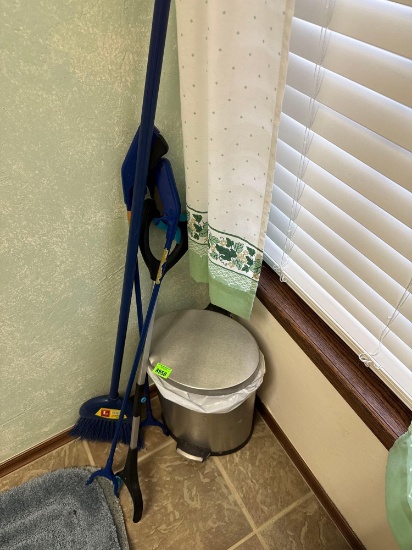 trash can, grabbers and sweeper