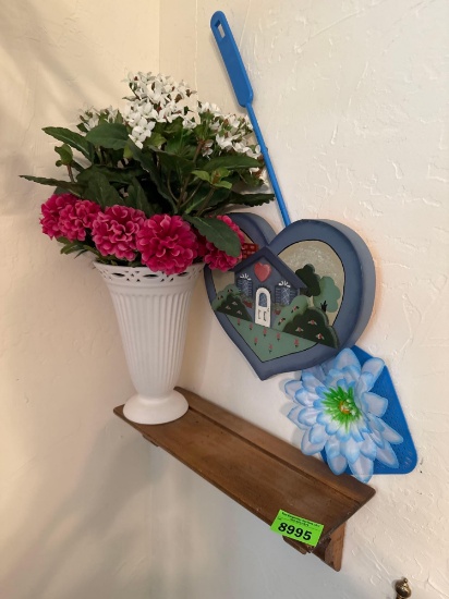 Wall decor wood shelf, plastic vase with artificial flowers