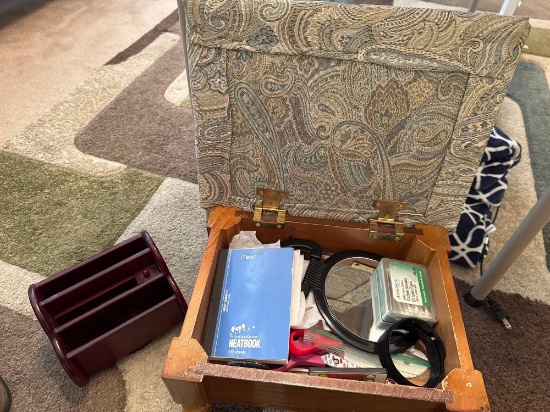Home decor, wood container, and a miniature footstool container, scissors, magnifying, glasses, cop