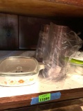 Corning ware dish, 2 plastic maars cups, Rubbermaid dish with small plastic storage containers