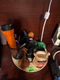 pins holder, flashlight, glass, chicken, feed, decor, notebook holder, and a stapler