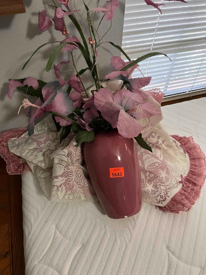 Artifical flower arrangement in vase and misc item