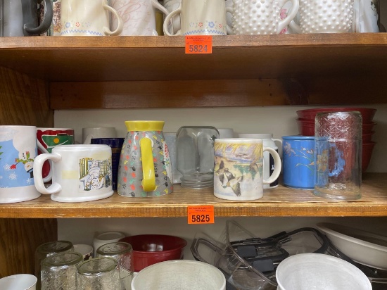 Items on middle shelf - glasses and coffee mugs