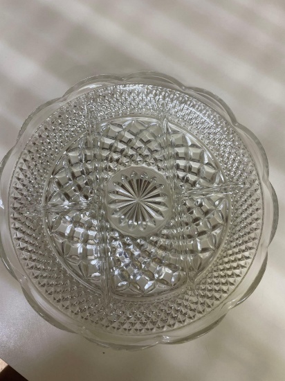 Items on shelf - Amber deviled egg tray, serving plates, and other items
