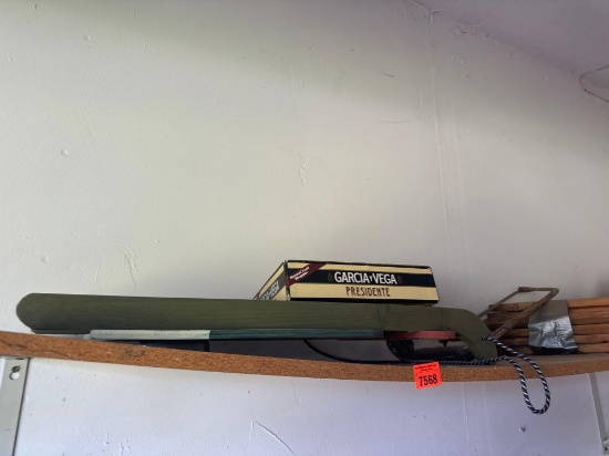 Christmas sled decor, wood pieces, oil can, handsaw and other items