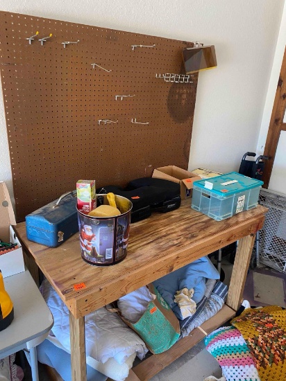 Bench with peg board Contents not included Measurements in photos Buyer responsible loading and
