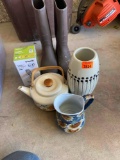 Vintage Enamel floral teapot, Pitcher, vase, rubber boots, cordless phone