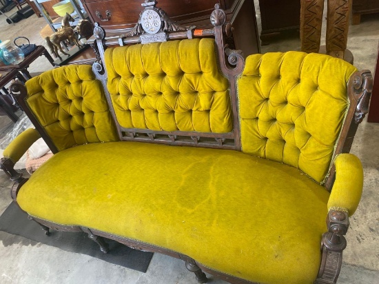 Yellow velvet beautiful walnut settee Measurements in photos Buyer responsible loading and moving