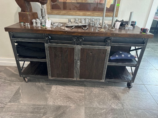 Rustic buffet with sliding doors and casters 36x72x20 content not included Must bring help to load