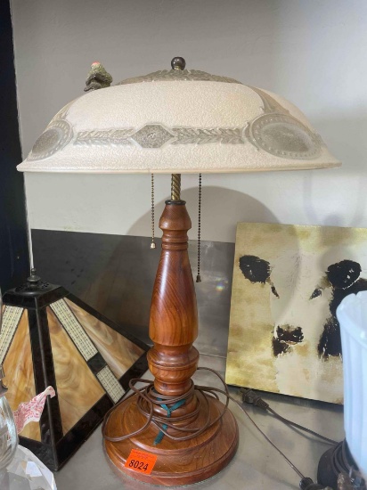 Wooden lamp with glass shade