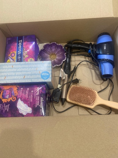Curling iron, blow dryer, Feminine hygiene products and other misc bathroom items