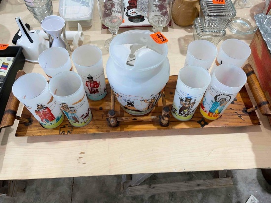 Vintage frosted tumblers and pitcher from Knox oil company " Famous Oklahoma Indians" with tray