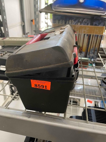 Black plastic toolbox with misc items