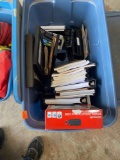Tote with office supplies, wireless keyboard and books