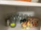 rooster salt & pepper shakers; mini glass bowls; glass cups; misc