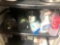 plastic forks/cups; crystal cleaner; coffee pot; misc