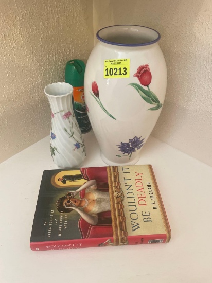 mystery book; decorative vases; bug spray