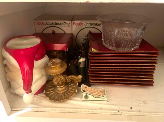 Christmas decor; glasses; plates; nativity display; misc
