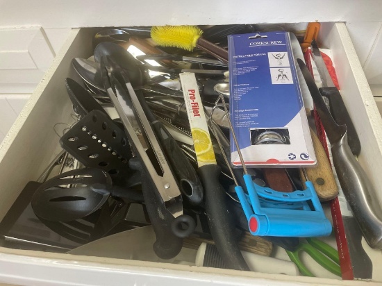kitchen utensils; knives; tongs; spoons; misc