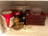 Christmas decor; glasses; plates; nativity display; misc