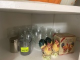 rooster salt & pepper shakers; mini glass bowls; glass cups; misc