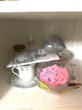 tea cup & saucer; crystal glass bowl; Tumblr lids; sugar packs; misc