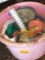 Bucket with miscellaneous lids, expandable hose and more