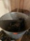 Metal bucket with loaf pan, tongs and misc items