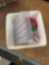 Metal can with lid, sunflower/rooster clock, pin cushions and more