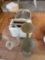 Small George foreman grill, metal candle holders, glass pitcher, toaster