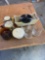 Glasses, small fall dish, rooster & barn mugs, Fire king glassware