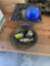 @ blown glass globes, metal shaker, silver tray, silver creamer and sugar