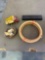 Dogs in a basket figurine, 3 sets of earrings, 5 wooden needle point hoops and vintage toy truck