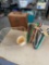Wooden box, dish strainer, metal rack, cloths hangers