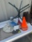 Orange cones, funnel, tupperware veggie tray, and other misc items