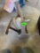 Wooden tool caddy with hand drill, hammer and clamp light