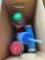 Blue thermos, 2 cups with lids and straws, M&M dispenser