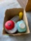 Gum ball machine, mustard dispenser, 2 other containers