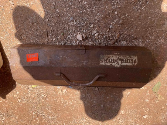 Metal toolbox with ball ping hammer, screwdriver, wire brush, crescent wrench, and other hand tools