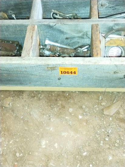 Wooden box with nuts, bolts, and other miscellaneous hardware items