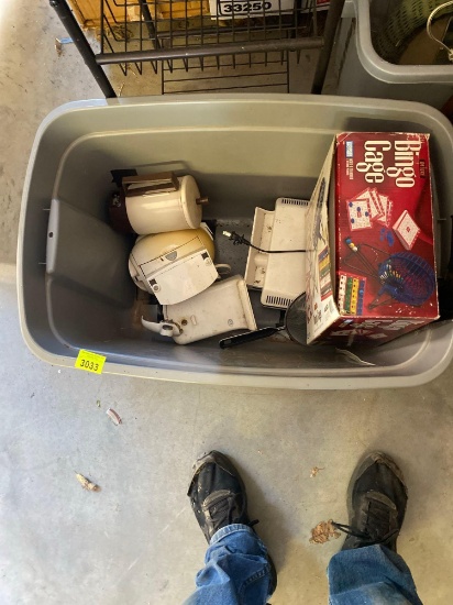 Tote with Bingo cage, stainer, electric coffee maker, sandwich maker