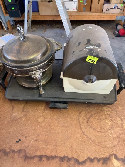 Silver and glass server,griddle, paper towel dispenser