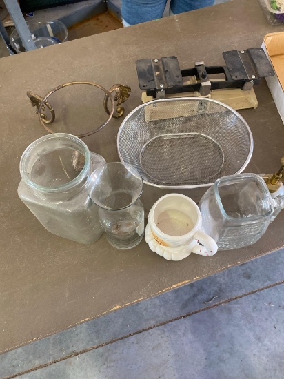 Glass vase, glass jar, glass mug with jackpot on front, coffee mug, strainer basket and more