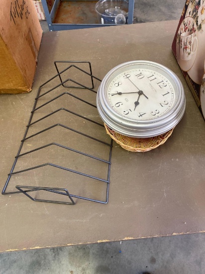 Clock, 2 baskets and a wire shelf
