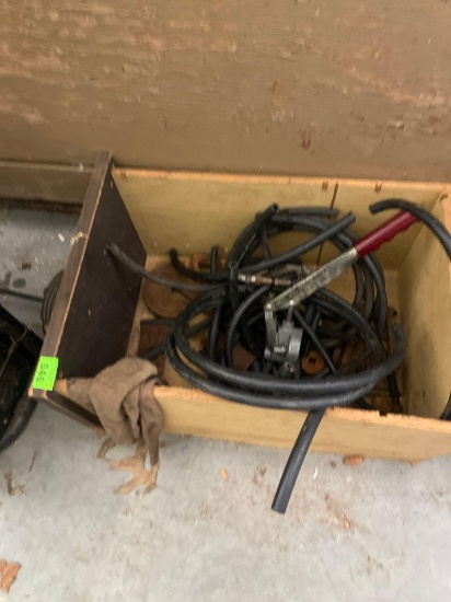 Drawer with pieces of hose, Misc vintage tools, Alemite 500 grease gun