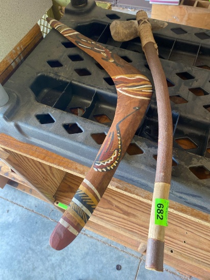 Boomerang with indian design on it, Stone adze
