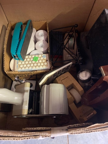 Office items, tape dispenser, thumb tacks, register paper and more