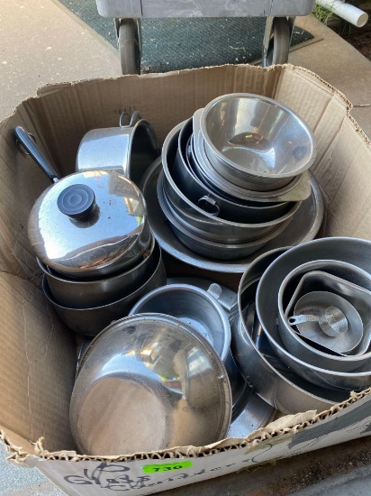 Box of stainless steal bowls and pans