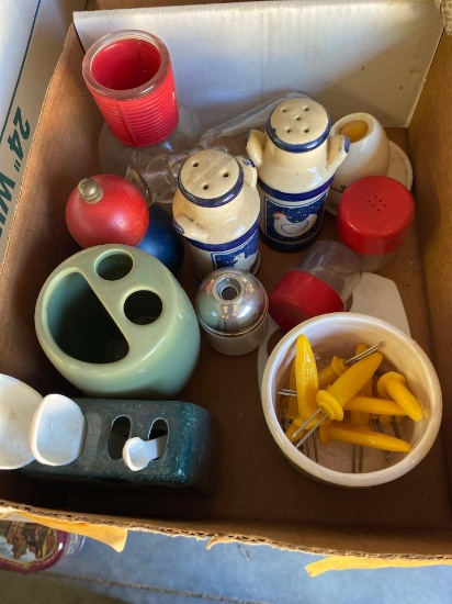 Vintage salt and pepper shakers, tooth brush holder, measuring spoons with holder and misc items