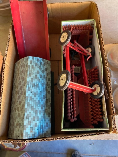 Vintage Farm children's toy, has Log cabin, wheels, fencing and more